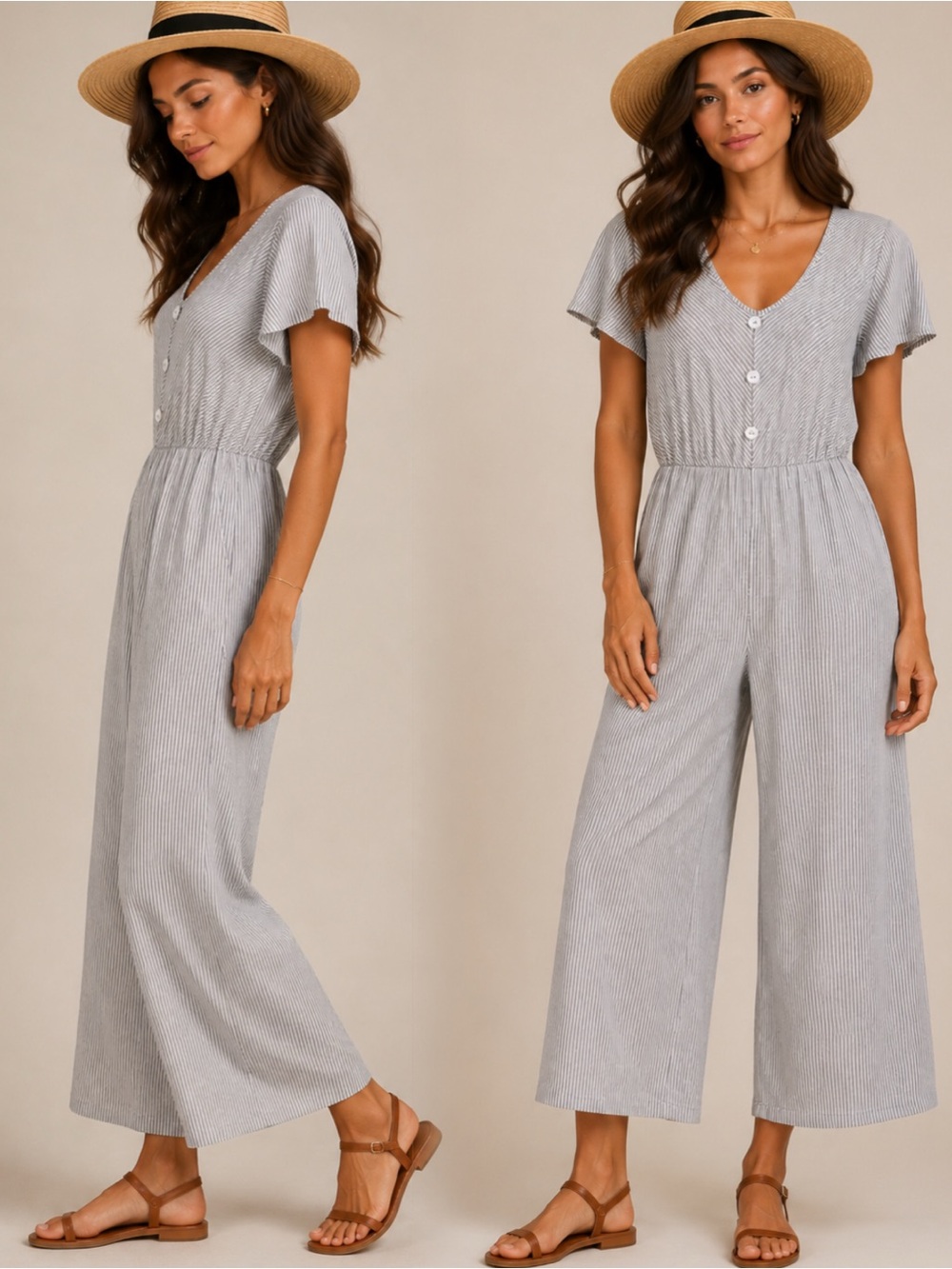 Caution To The Wind Light Gray Striped V-Neck Wide-Leg Jumpsuit